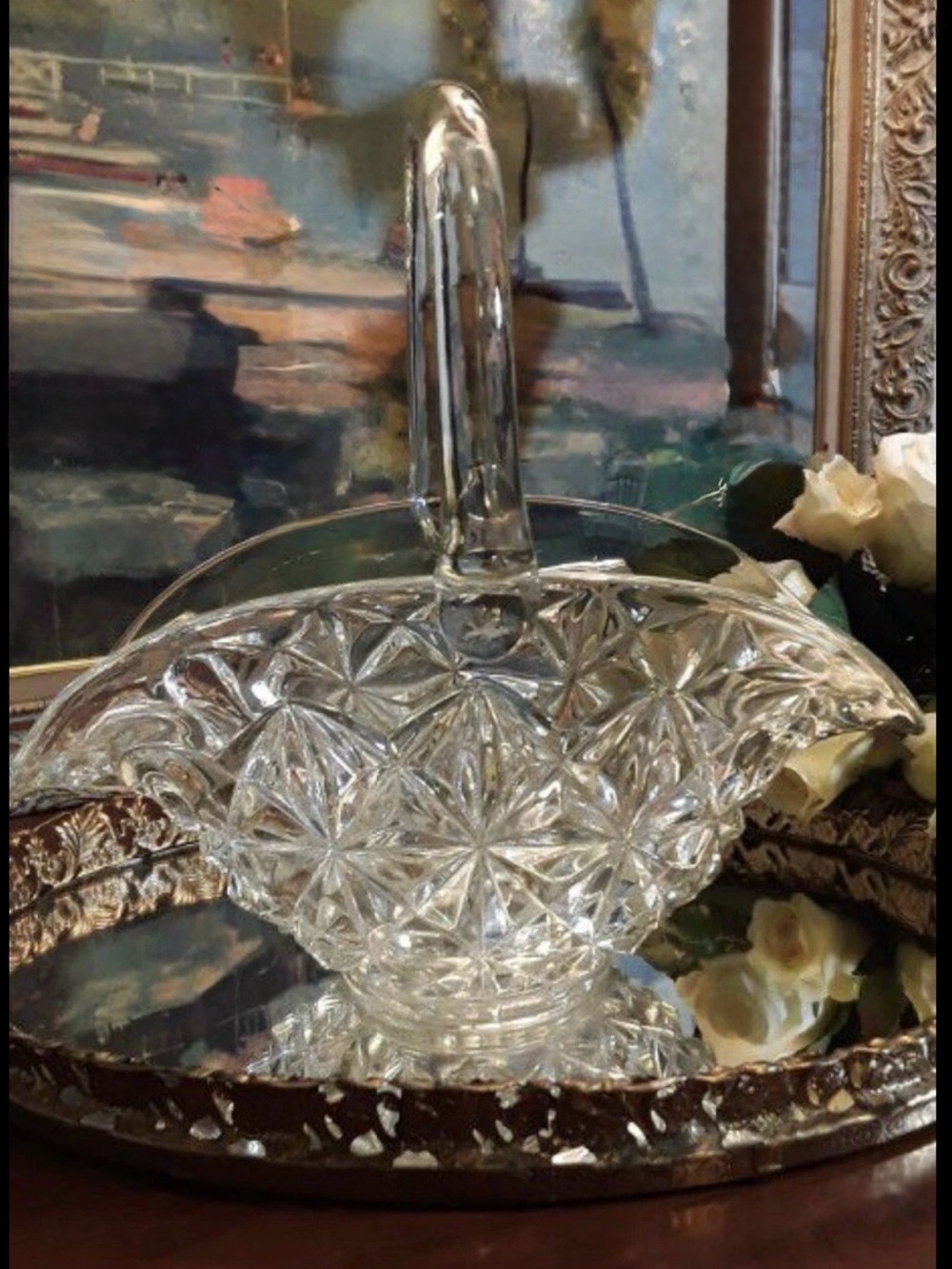 Antique American Brilliant Cut Crystal Handled Basket Heavy Cut Starburst Glass